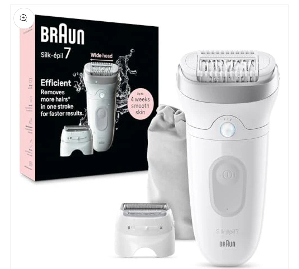 Braun silk epil Epilator Silk-epil 7, Hair Removal Device, Women Shaver & Trimmer, Wet and Dry, Wide Head, Includes Shaver Head and Trimmer Comb, SE7-041, Silver with 1 year warranty