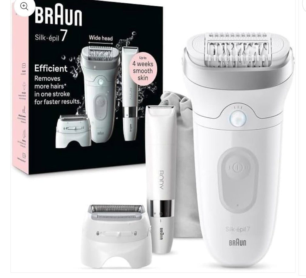 Braun Silk-epil 7 7-441 Epilator for Easy Hair Removal, Long-Lasting Smooth Skin, White/Silver with 1 year warranty